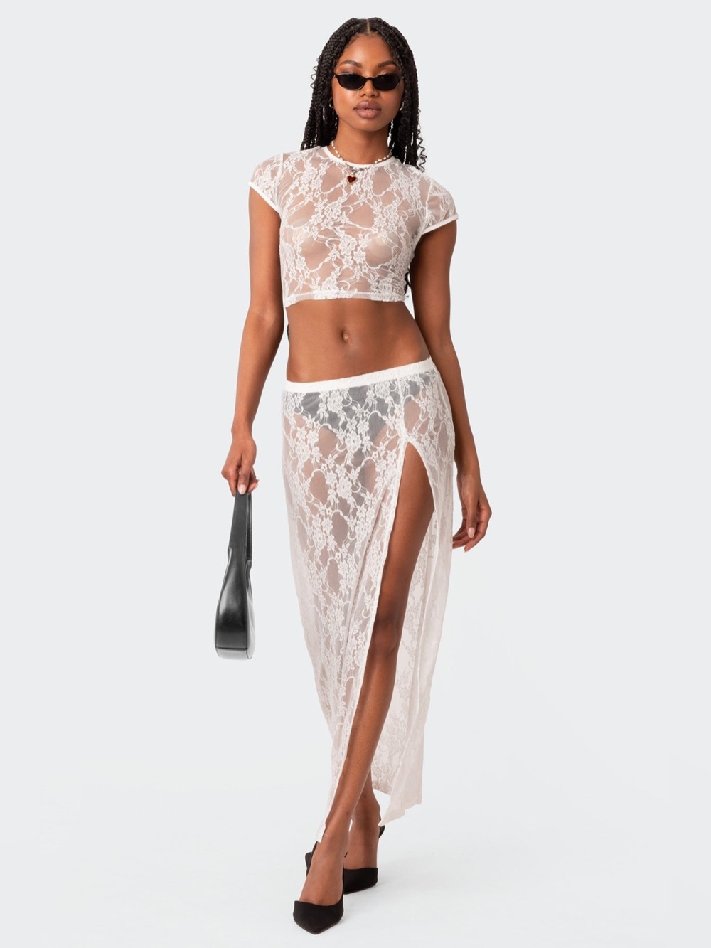 Edikted Aura Open Back Sheer Lace Crop Top Low Rise Sheer Lace Maxi Skirt Set